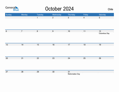 Current month calendar with Chile holidays for October 2024