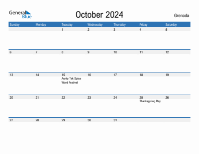 Current month calendar with Grenada holidays for October 2024