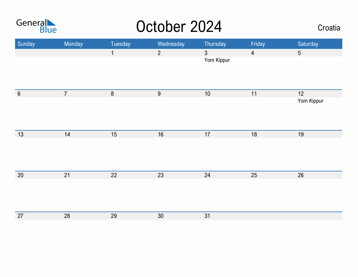 Editable October 2024 Calendar with Croatia Holidays