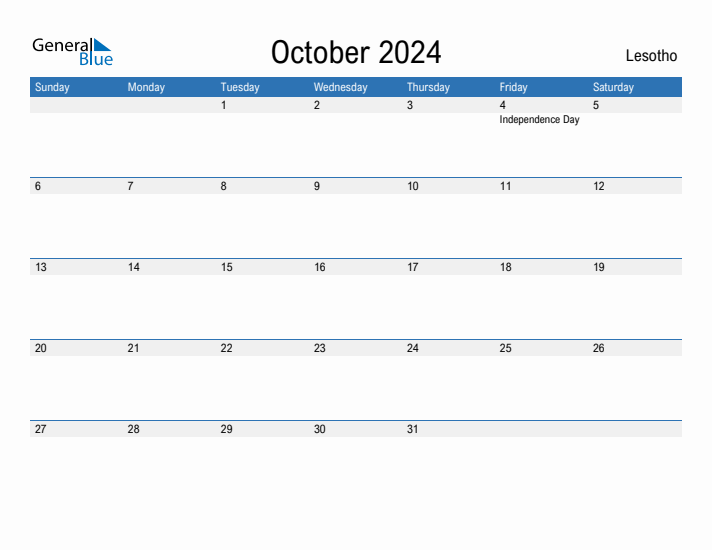 Editable October 2024 Calendar with Lesotho Holidays