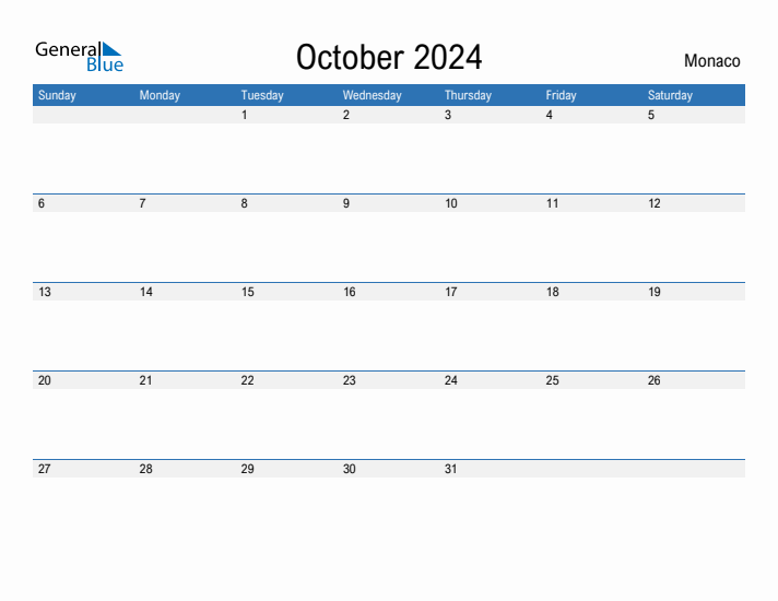 Editable October 2024 Calendar with Monaco Holidays