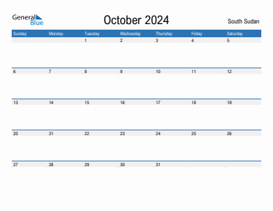 Current month calendar with South Sudan holidays for October 2024