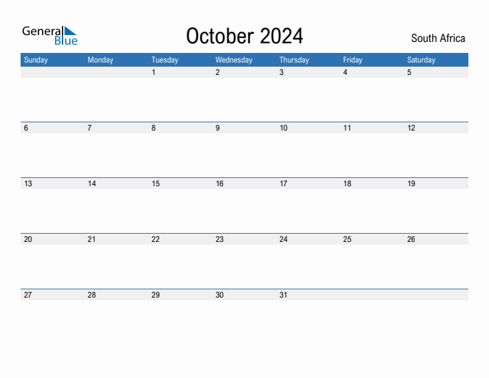 Fillable Holiday Calendar for South Africa October 2024