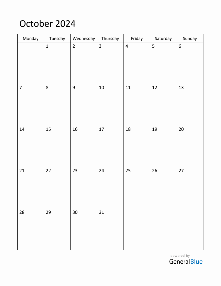 Editable October 2024 Monthly Calendar