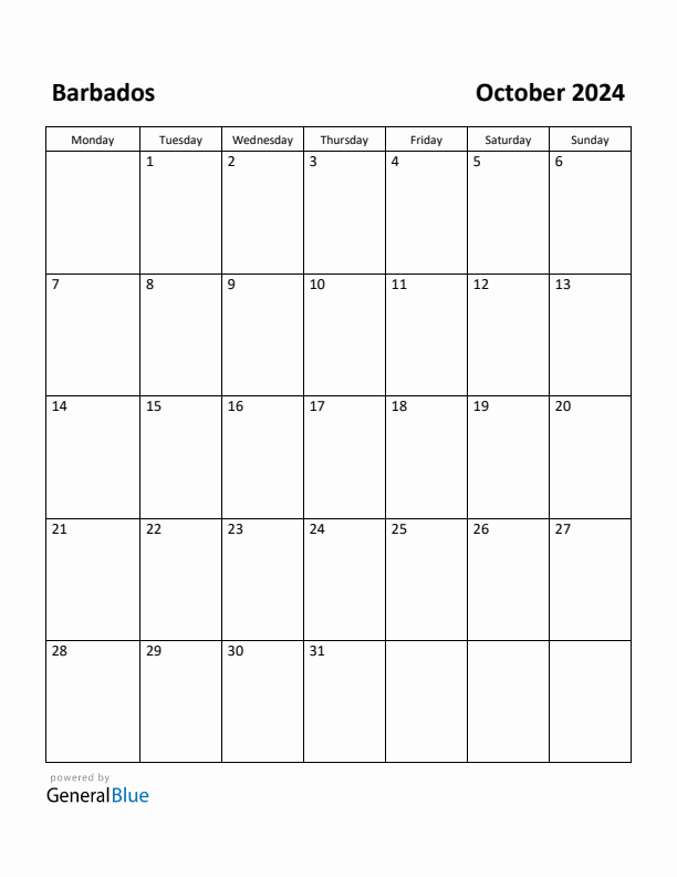 Free Printable October 2024 Calendar for Barbados