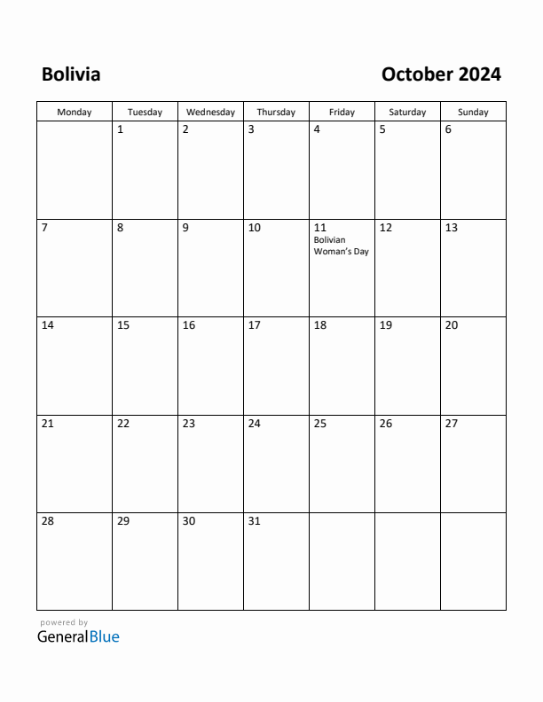 October 2024 Calendar with Bolivia Holidays