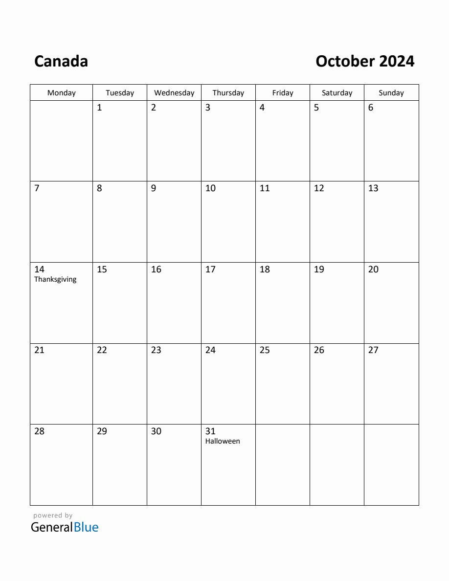 Free Printable October 2024 Calendar for Canada