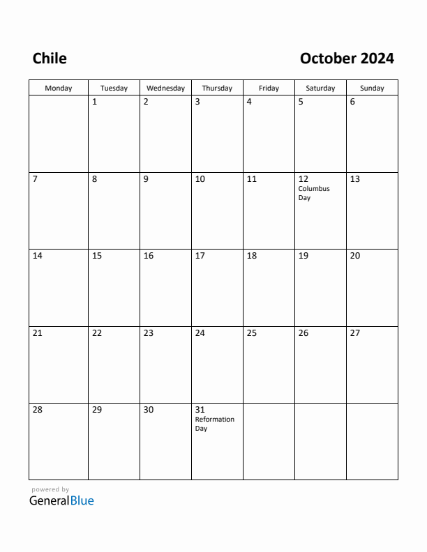 October 2024 Calendar with Chile Holidays