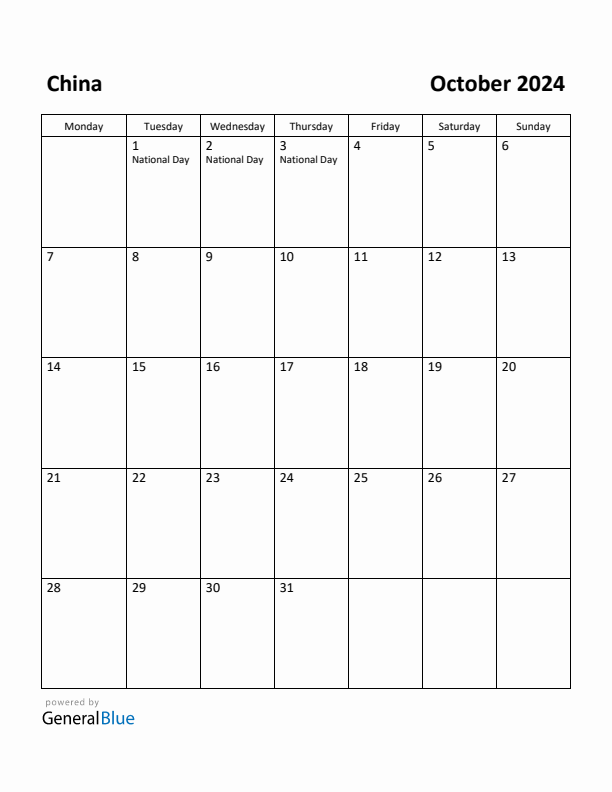 Free Printable October 2024 Calendar for China