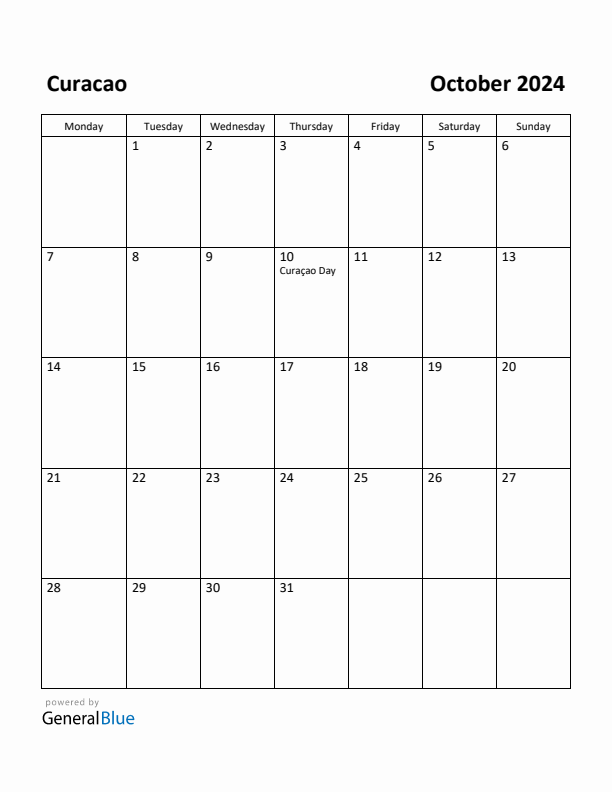 October 2024 Calendar with Curacao Holidays