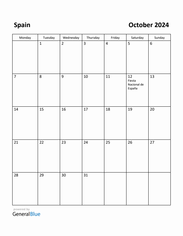 October 2024 Calendar with Spain Holidays