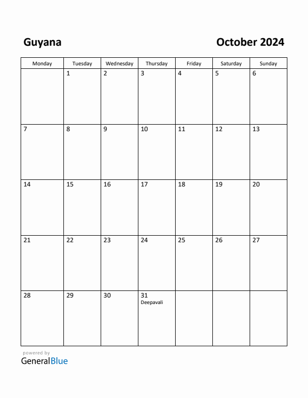 October 2024 Calendar with Guyana Holidays