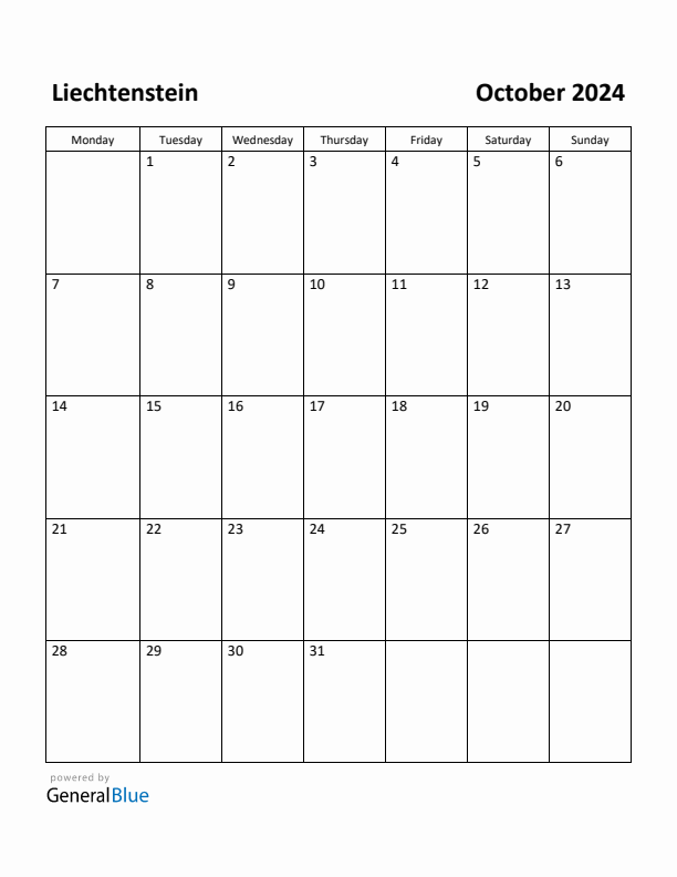 October 2024 Calendar with Liechtenstein Holidays