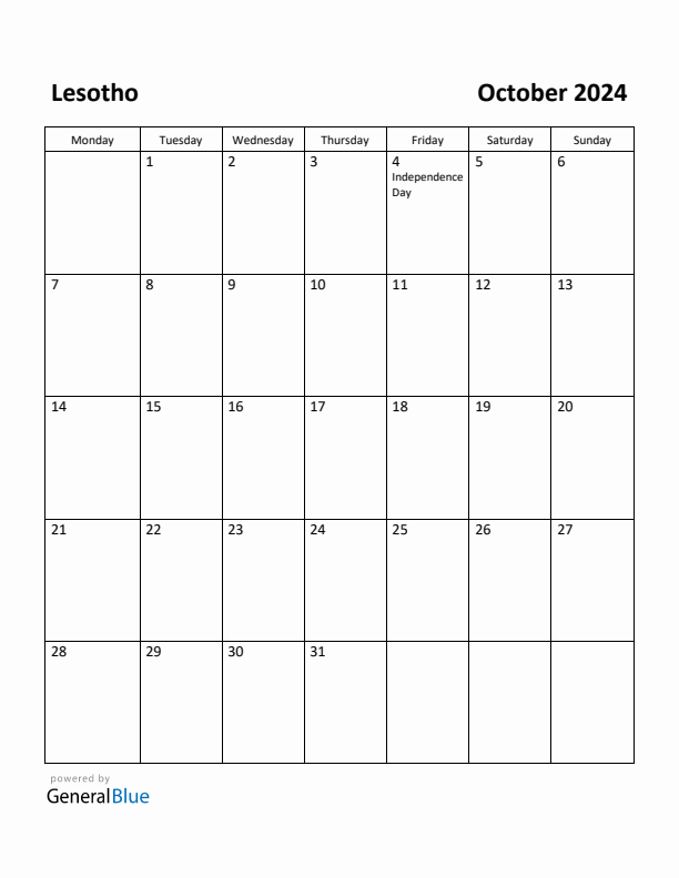 October 2024 Calendar with Lesotho Holidays