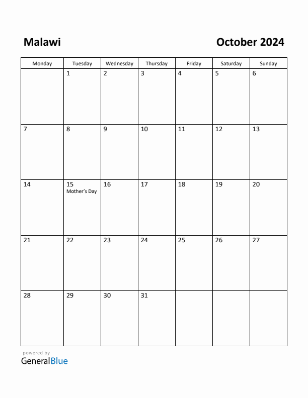 October 2024 Calendar with Malawi Holidays