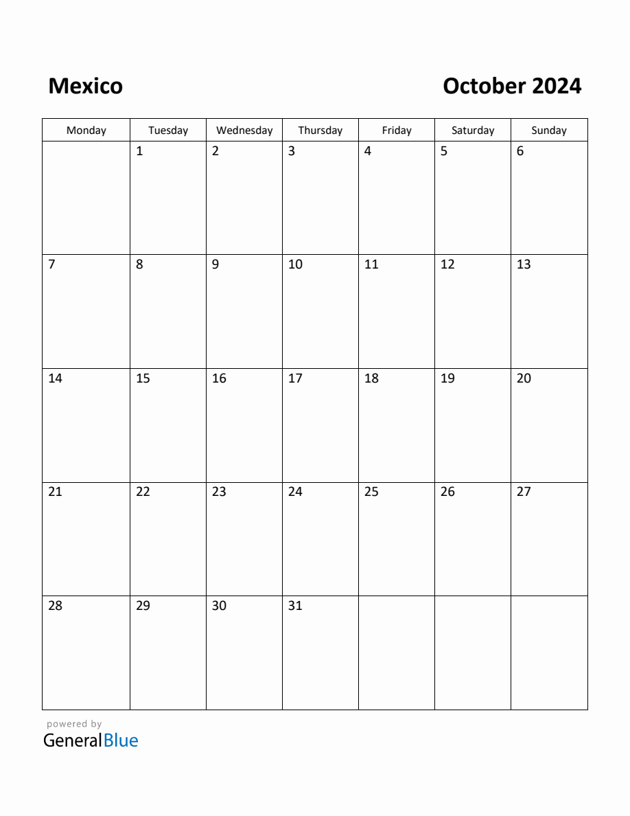 Free Printable October 2024 Calendar for Mexico