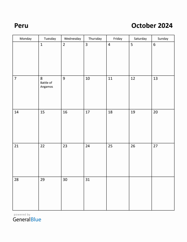 October 2024 Calendar with Peru Holidays