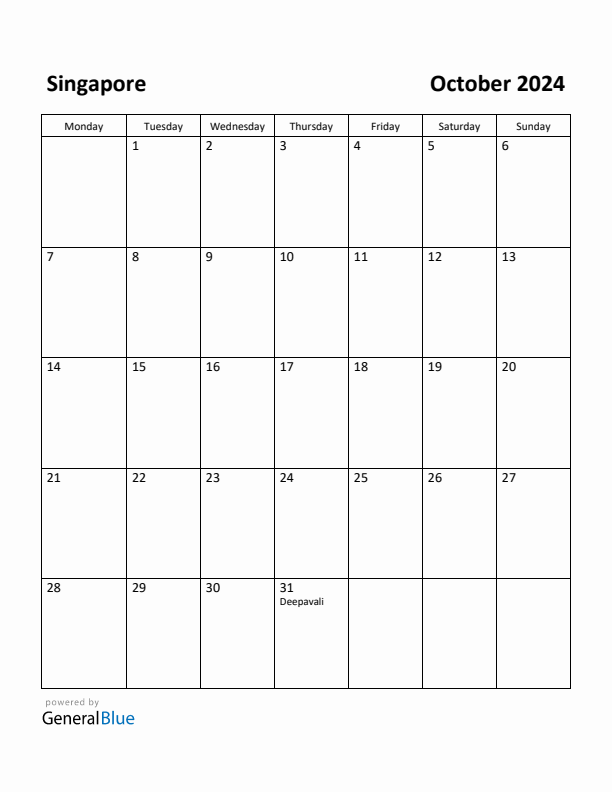 October 2024 Calendar with Singapore Holidays