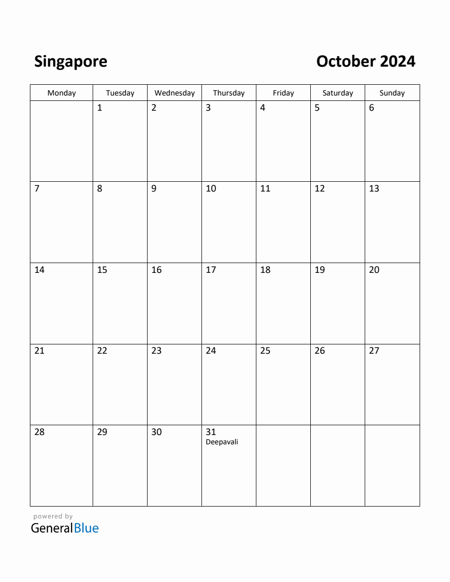 Free Printable October 2024 Calendar for Singapore