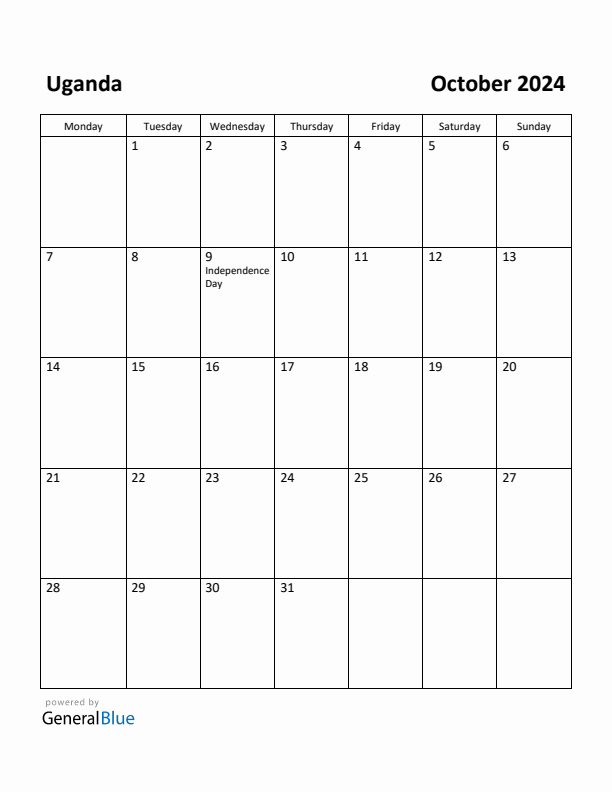 October 2024 Calendar with Uganda Holidays