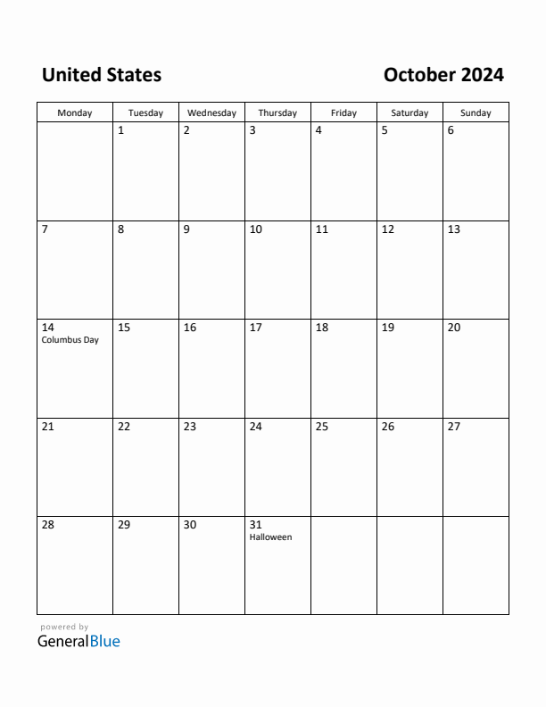 October 2024 Calendar with United States Holidays