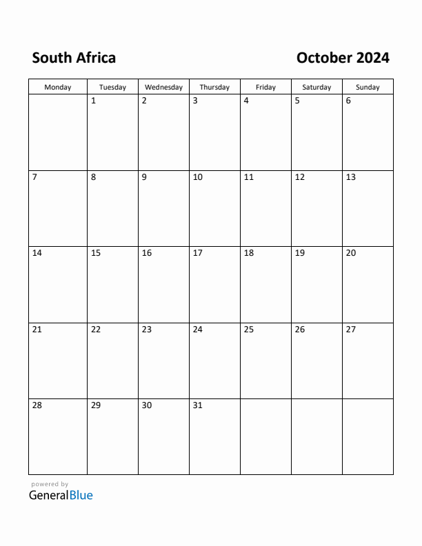 Free Printable October 2024 Calendar for South Africa