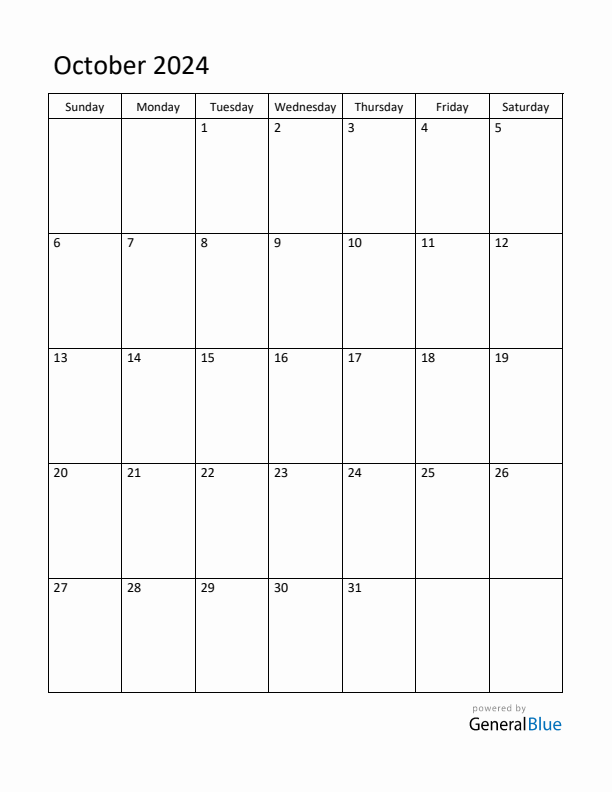 Sunday Start Calendar for October 2024