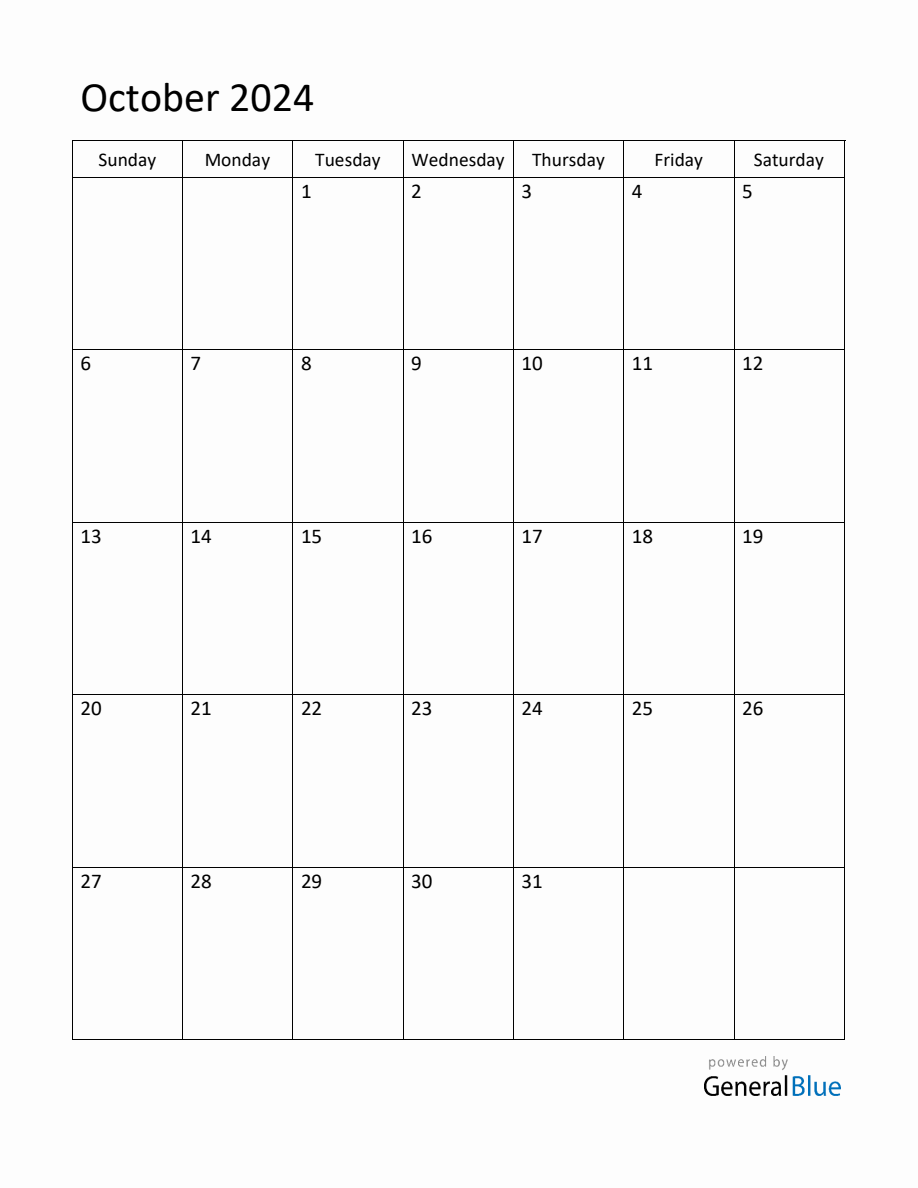 Editable October 2024 Monthly Calendar