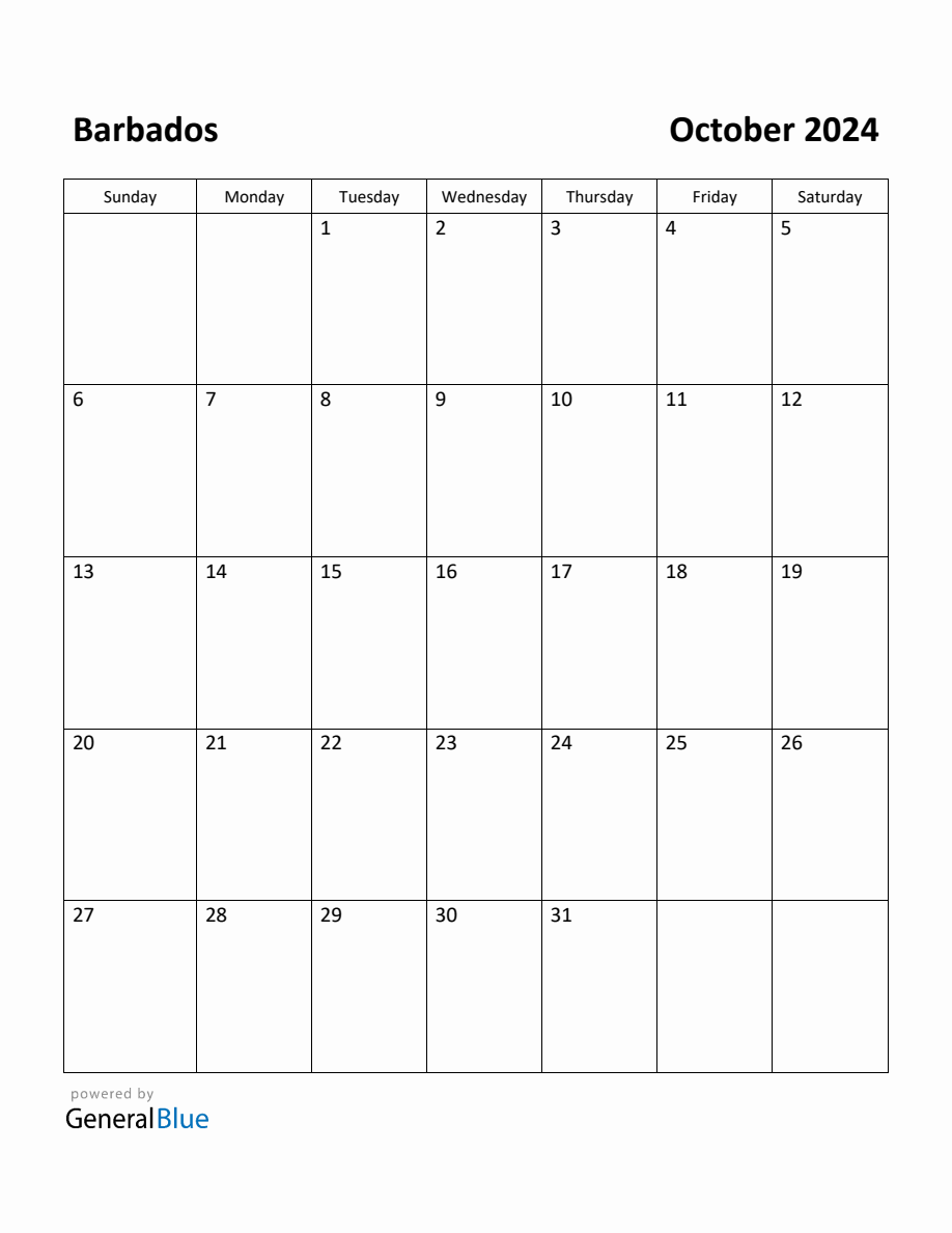 Free Printable October 2024 Calendar for Barbados