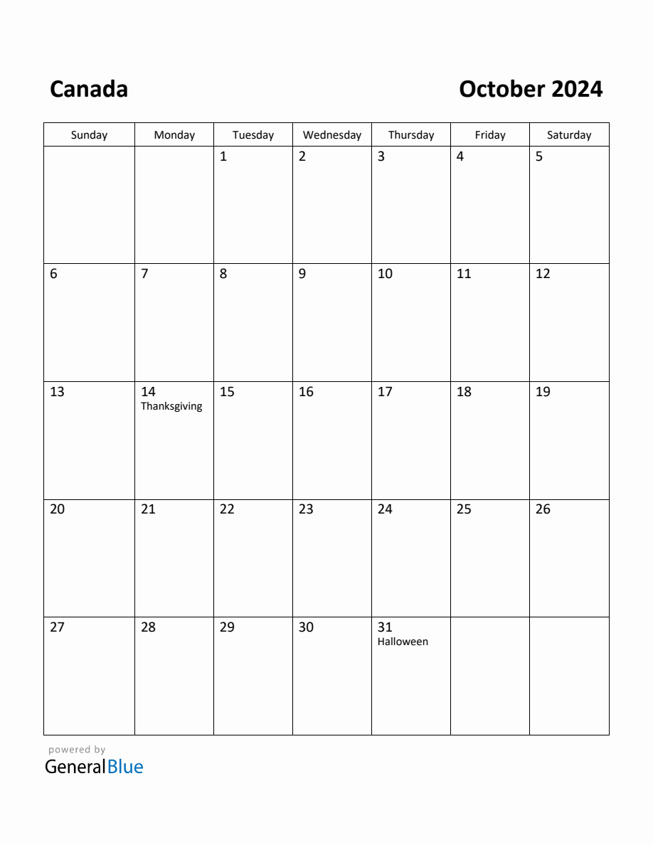 Free Printable October 2024 Calendar for Canada