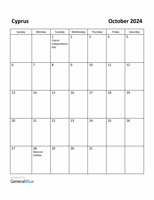 October 2024 Calendar with Cyprus Holidays