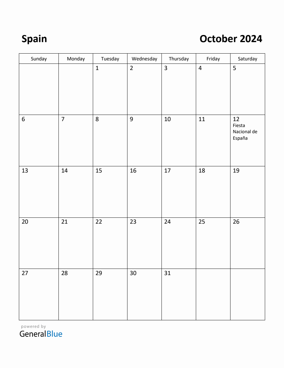 Free Printable October 2024 Calendar for Spain