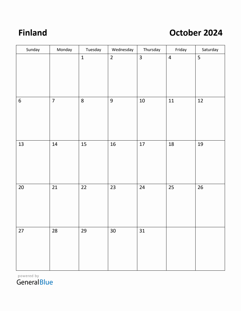 Free Printable October 2024 Calendar for Finland