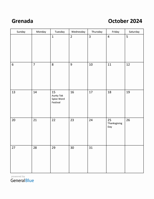 October 2024 Calendar with Grenada Holidays