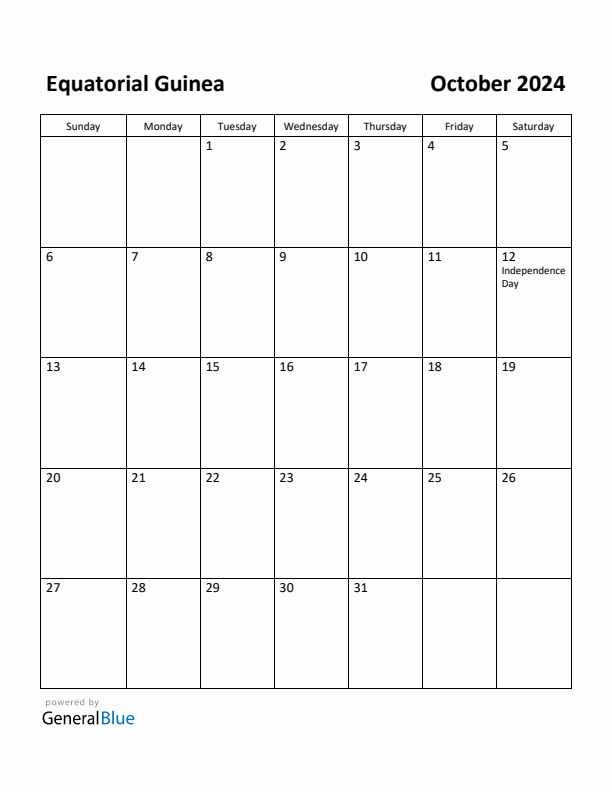 October 2024 Calendar with Equatorial Guinea Holidays