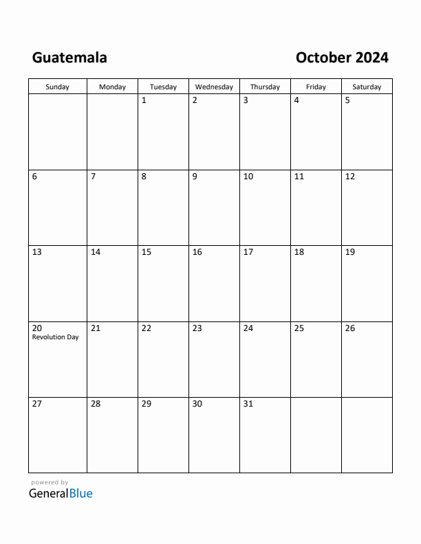 October 2024 Calendar with Guatemala Holidays