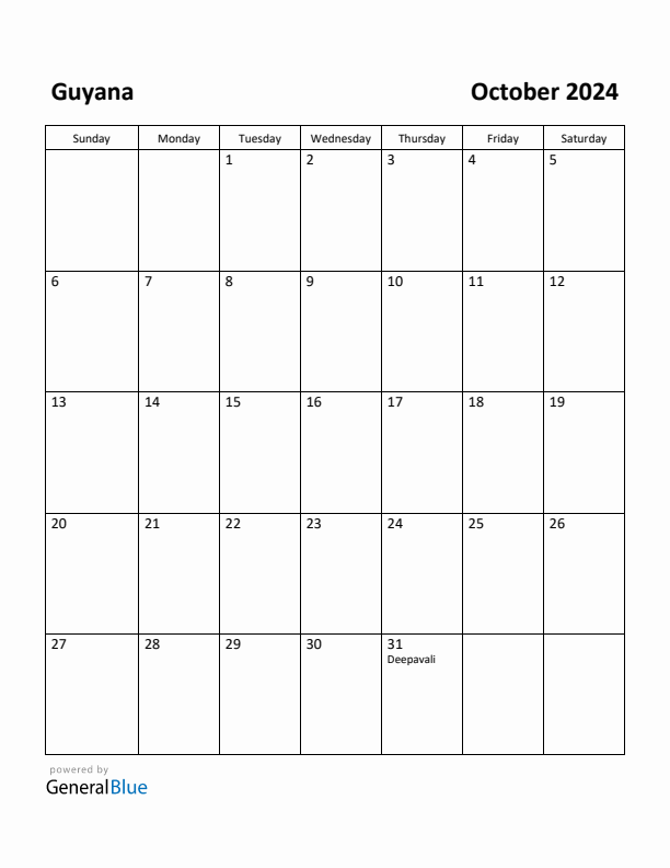 October 2024 Calendar with Guyana Holidays