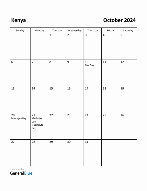 October 2024 Calendar with Kenya Holidays