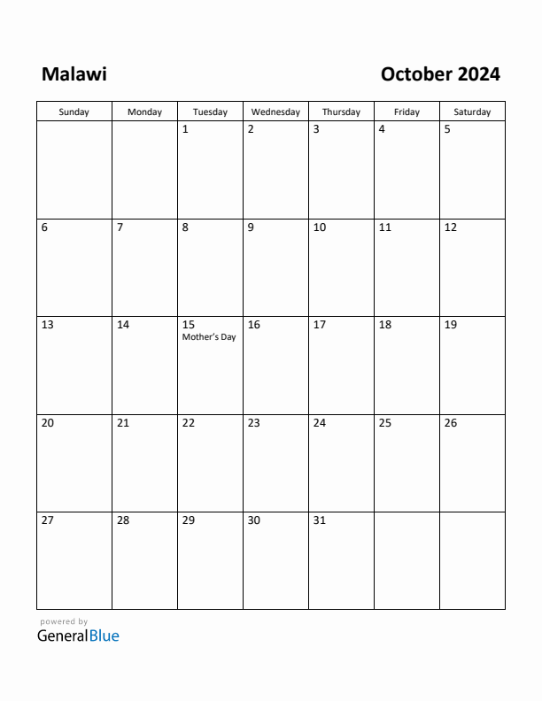 October 2024 Calendar with Malawi Holidays