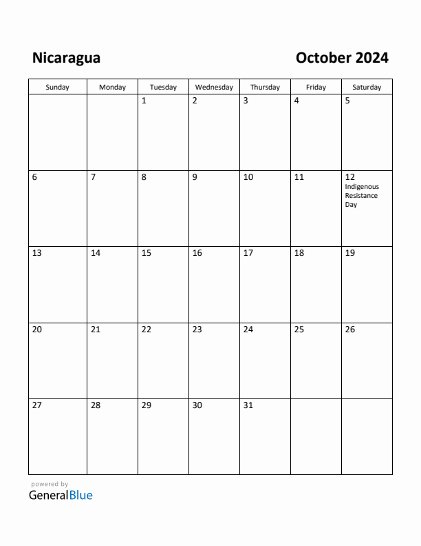 October 2024 Calendar with Nicaragua Holidays