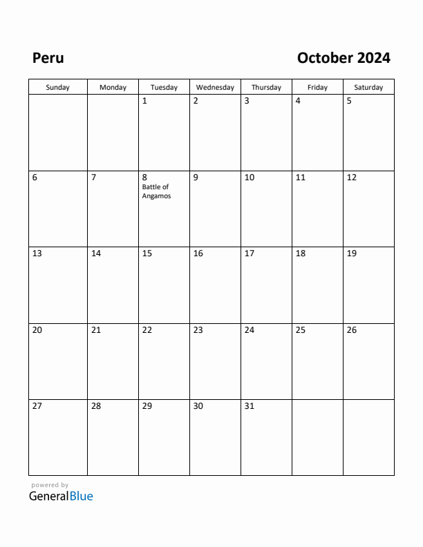 October 2024 Calendar with Peru Holidays