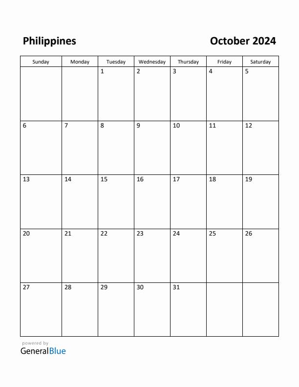 Free Printable October 2024 Calendar for Philippines