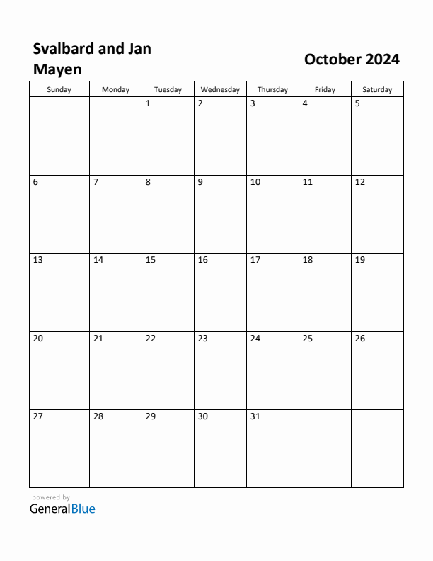 October 2024 Calendar with Svalbard and Jan Mayen Holidays