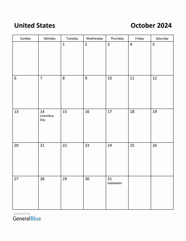 Free Printable October 2024 Calendar for United States