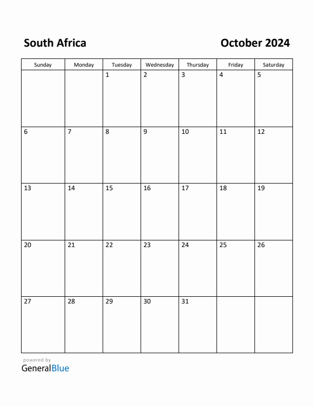 Free Printable October 2024 Calendar for South Africa