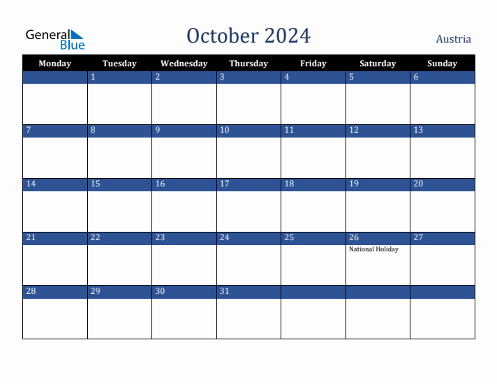 October 2024 Austria Monthly Calendar with Holidays