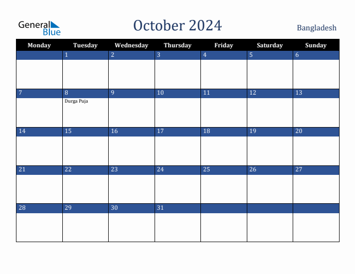 October 2024 Bangladesh Calendar (Monday Start)