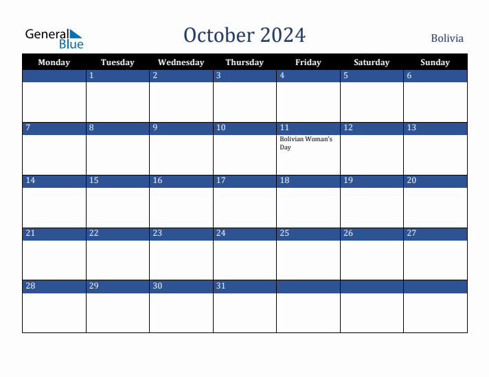October 2024 Bolivia Calendar (Monday Start)