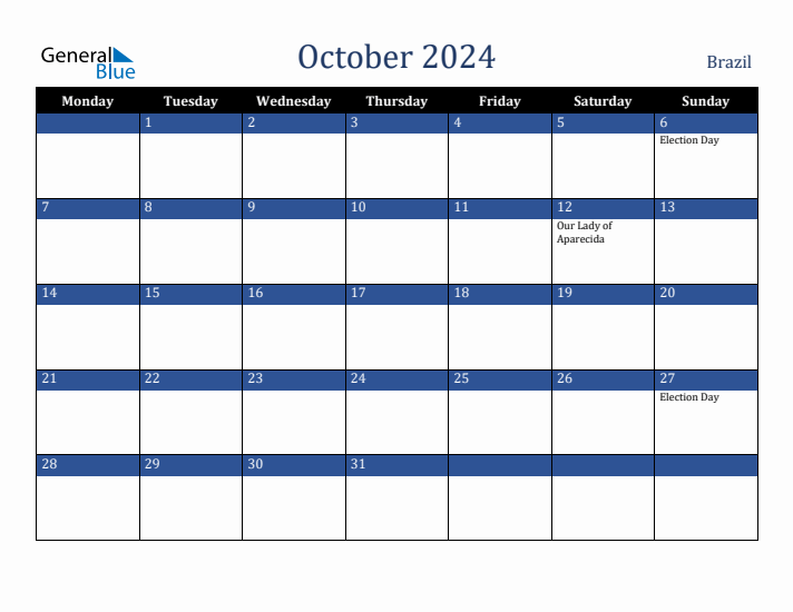 October 2024 Brazil Calendar (Monday Start)