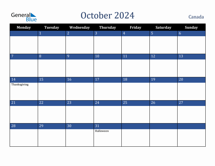 October 2024 Canada Calendar (Monday Start)